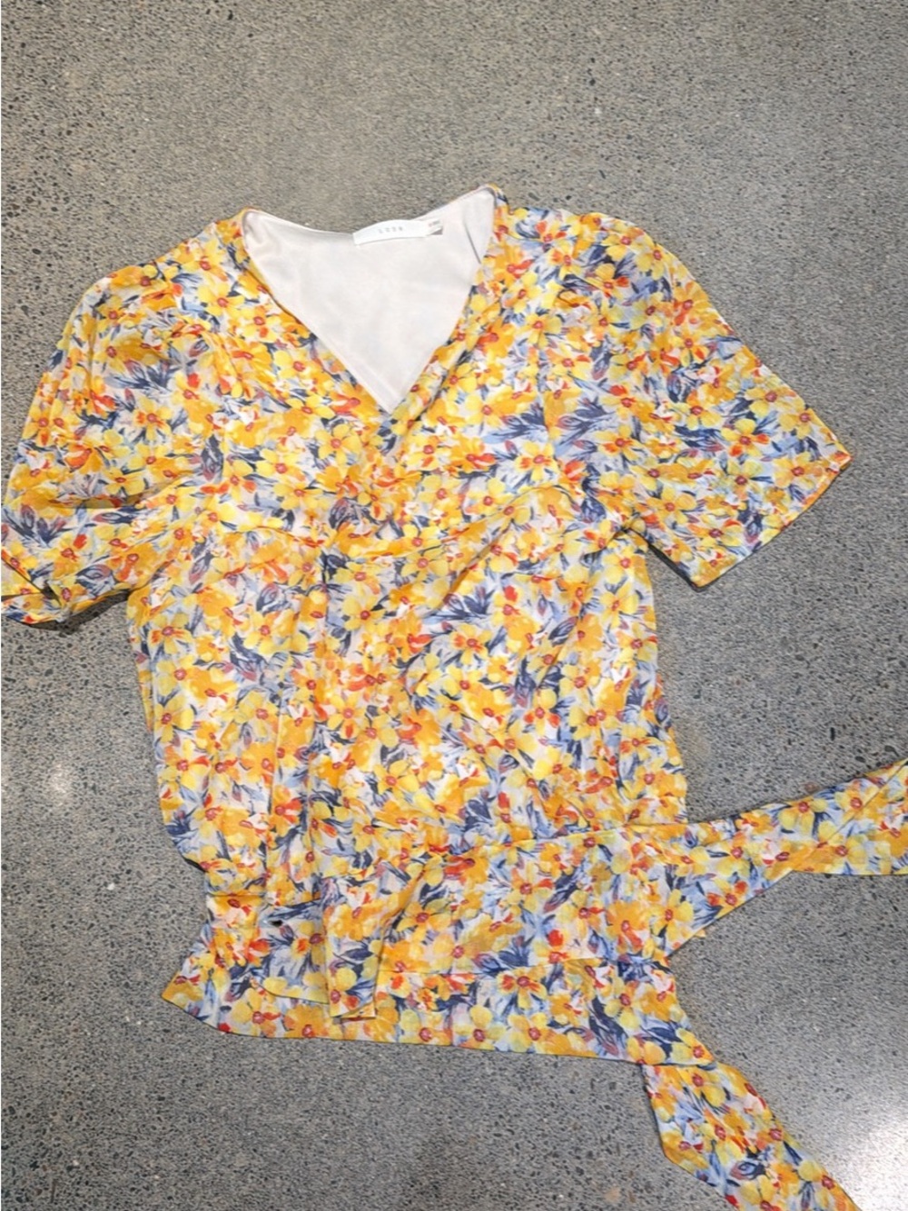 Lush Yellow Floral V-Neck Tie-Waist Blouse